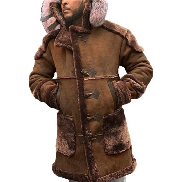 Men's Shearling Leather Coat Faux Suede Sherpa Lined Sheepskin Jacket with Hood - Picture 4 of 5